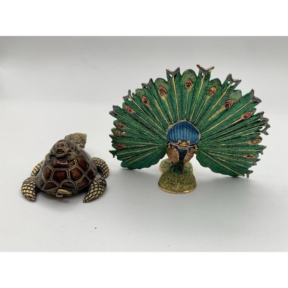 Peacock Bird and Turtle Jewelled Trinket Box - Enamelled - Picture 6 of 15